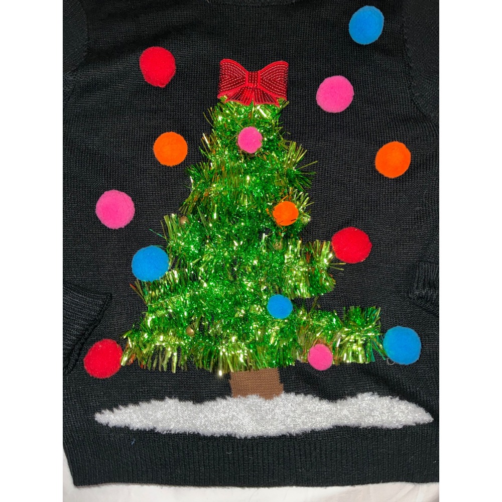 Lavender Moon Womens Black Tinsel Christmas Tree Sweater Poms Sequin Bow M READ - Picture 2 of 10